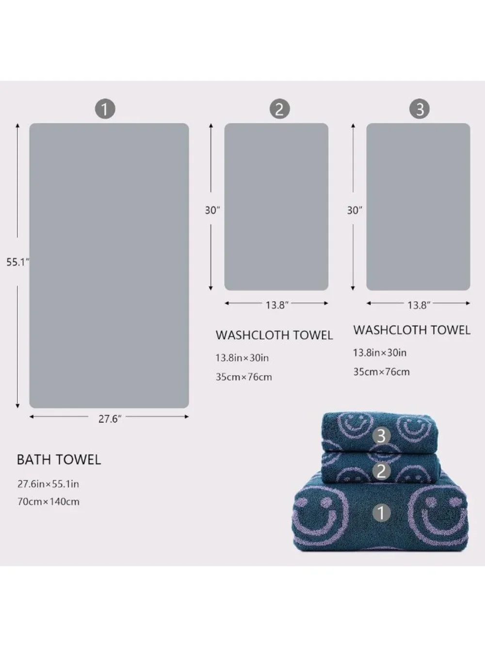Soft 100% Cotton Luxury Smiley Face Bath Towel Set - Purple & Green Washcloths